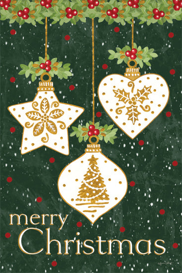 Annie LaPoint ALP2755 - ALP2755 - Merry Christmas Ornaments - 12x18 Christmas ornaments, holly, festive design, green background, snow, holiday decorations, Merry Christmas text from Penny Lane