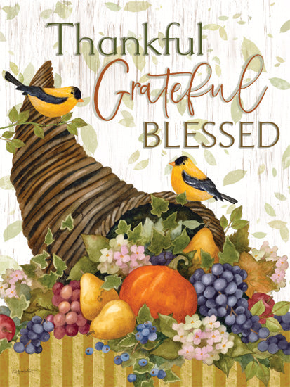 Annie LaPoint ALP2770 - ALP2770 - Thankful Cornucopia - 12x16 Cornucopia, Thanksgiving art, harvest fruit and vegetables, autumn decor, grateful text, thankful message, birds, fall season, rustic background from Penny Lane