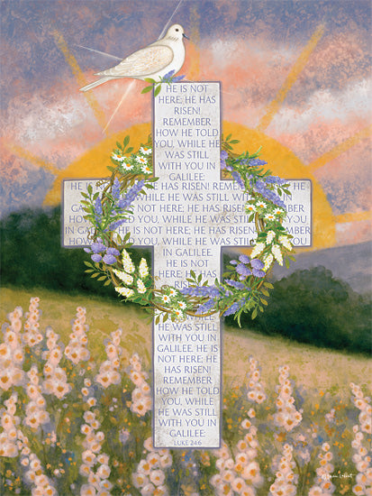 Annie LaPoint ALP2779 - ALP2779 - Easer Dove Cross - 12x16 Cross with scripture, dove and sunrise, religious message, Easter art, floral wreath, Luke 24:6 verse, faith-based, inspirational Christian theme from Penny Lane