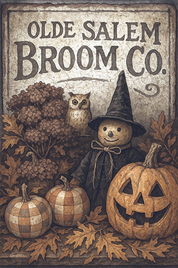 Anthony Smith ANT164 - ANT164 - Olde Salem Broom Co. - 12x18 pumpkins with checker pattern, jack-o'-lantern, witch scarecrow, 'Olde Salem Broom Co.' sign, vintage Halloween, owl, autumn leaves, rustic charm from Penny Lane