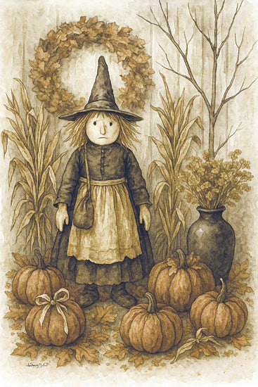 Anthony Smith ANT169 - ANT169 - The Harvest Witch - 12x18 witch in apron, pumpkin decor, wreath, dried florals, cornstalks, primitive Halloween figure, rustic fall interior from Penny Lane