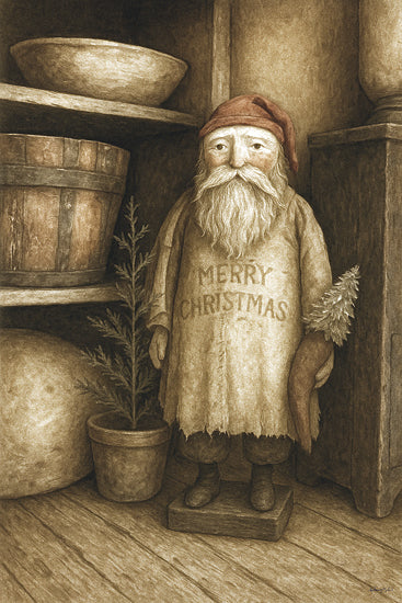 Anthony Smith ANT186 - ANT186 - Father Christmas - 12x18 Santa figurine, potted pine tree, rustic shelves, Merry Christmas shirt, holiday interior, cozy tones from Penny Lane