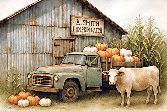 Anthony Smith ANT211 - ANT211 - A. Smith Pumpkin Patch - 18x12  vintage farm truck, cow, stacked pumpkins, pumpkin patch, cornstalks, barn with sign, rural harvest scene, rustic autumn vibes from Penny Lane