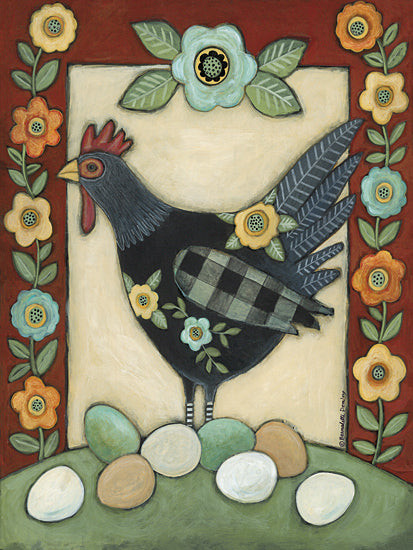 Bernadette Deming BER1504 - BER1504 - Folk Art Chicken and Eggs - 12x16 chicken, eggs, flowers, folk art style, checkered wing, red background, garden theme, stylized hen, whimsical design, floral border, country farm life from Penny Lane
