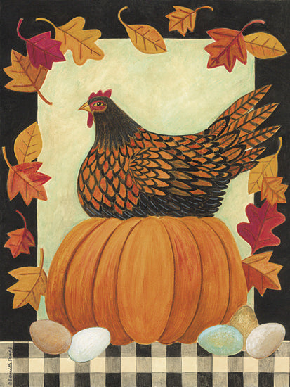 Bernadette Deming BER1505 - BER1505 - Autumn Chicken and Pumpkin - 12x16 chicken, pumpkin, autumn leaves, eggs, black and orange tones, fall harvest, whimsical art, folk theme, seasonal decor, plaid checkerboard from Penny Lane