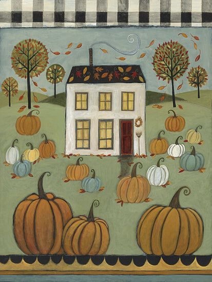 Bernadette Deming BER1506 - BER1506 - Folk Art Pumpkin Homestead - 12x16 farmhouse, pumpkins, fall season, country house, autumn trees, whimsical landscape, checkered pattern, rural life, harvest decor, seasonal field from Penny Lane