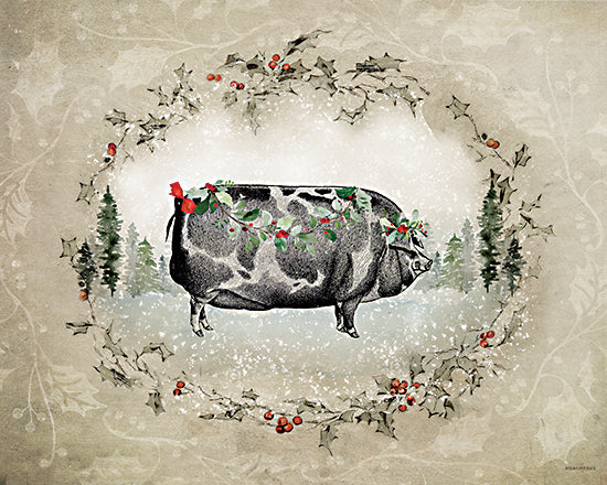 Bluebird Barn BLUE577 - BLUE577 - Christmas Pig - 16x12 holiday pig with garland, winter forest, holly wreath, illustrated animal, whimsical pig art, christmas scene, snowy background, farm animal, seasonal design from Penny Lane