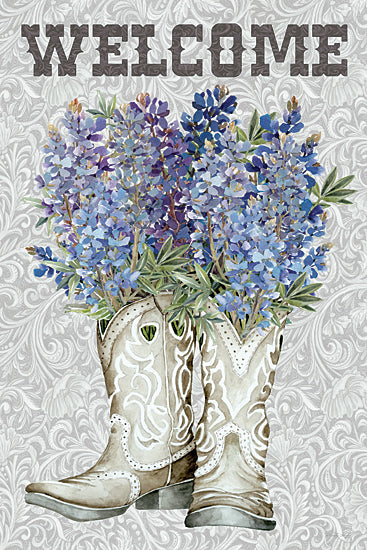 Cindy Jacobs CIN4451 - CIN4451 - Welcome Bluebonnets - 12x18 cowboy boots, welcome sign, bluebonnet flowers, floral boots, Texas pride, rustic decor, southwestern pattern, country charm, spring welcome from Penny Lane