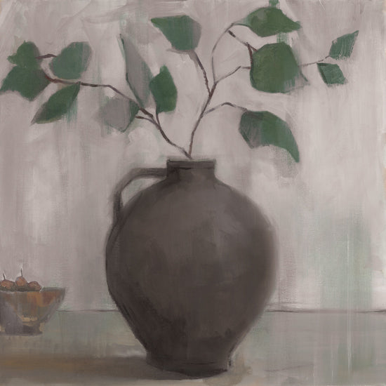 Dogwood Portfolio DOG362 - DOG362 - Melancholy   - 12x12 still life, black vase, green leaves, table setting, moody lighting, classic painting, minimalist decor, neutral background from Penny Lane