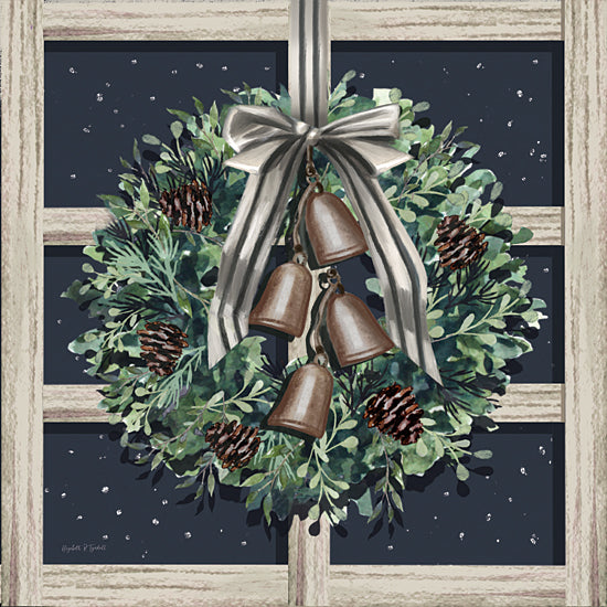 Elizabeth Tyndall ET498 - ET498 - Jingle Bells Wreath - 12x12 Christmas wreath, blue ribbon, rustic background, silver bells, pine cones, winter greenery, vintage holiday art, festive decor from Penny Lane