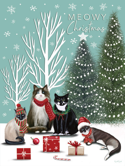 Elizabeth Tyndall ET517 - ET517 - Christmas Cats - 12x16 Meowy Christmas text, festive cats illustration, Christmas gifts, snowy background, holiday pets, humorous Christmas art, trees, snowflakes, mint green from Penny Lane