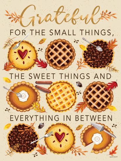 Elizabeth Tyndall ET519 - ET519 - Grateful for the Small Things - 12x16 Grateful quote, autumn pies illustration, fall leaves and cinnamon sticks, Thanksgiving dessert art, seasonal appreciation message, rustic holiday feel from Penny Lane