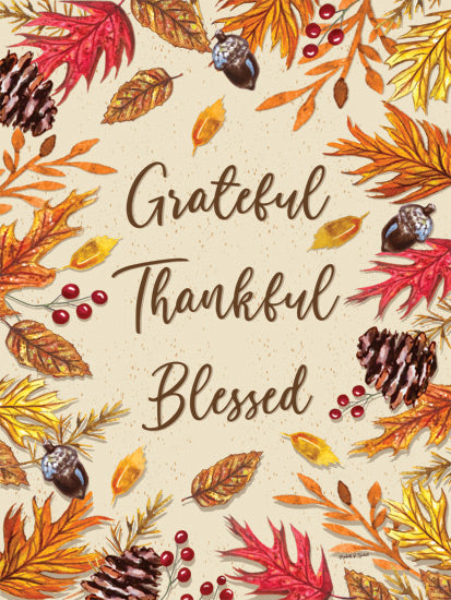 Elizabeth Tyndall ET520 - ET520 - Grateful Thankful Blessed - 12x16 Grateful Thankful Blessed text, fall foliage border, pinecones, autumn leaves, rustic thanksgiving theme, inspirational seasonal message, warm earthy tones from Penny Lane