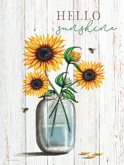 Elizabeth Tyndall ET527 - ET527 - Hello Sunshine Sunflowers - 12x16 sunflowers in mason jar, bees, rustic background, summer floral decor, cheerful design, inspirational message from Penny Lane