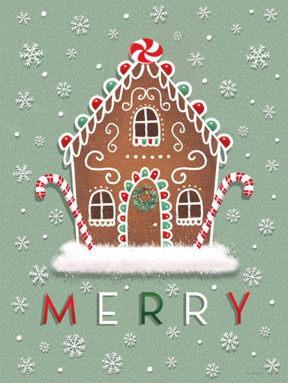 Elizabeth Tyndall ET531 - ET531 - Merry Gingerbread House - 12x16 gingerbread house, peppermint candy, snowflakes, red and green holiday theme, whimsical decor, snowy ground from Penny Lane