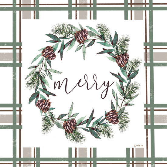 Elizabeth Tyndall ET541 - ET541 - Merry Wreath - 12x12 pine wreath, hand-lettered merry, evergreen branches, rustic plaid, winter greenery, holiday greeting from Penny Lane