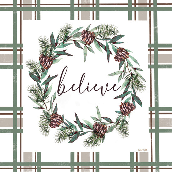 Elizabeth Tyndall ET542 - ET542 - Believe Wreath - 12x12 pine wreath, believe script, holiday greenery, pinecones, rustic plaid background, winter message from Penny Lane