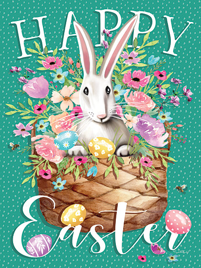 Elizabeth Tyndall ET545 - ET545 - Happy Easter Bunny and Basket - 12x16 Easter, bunny, white rabbit, colorful flowers, Easter eggs, wicker basket, spring holiday, festive, floral background, green polka dot from Penny Lane