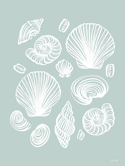 House Fenway FEN1221 - FEN1221 - Tossed Sea Shells - 12x16 seashell sketch, mint green background, coastal shells, line art shells, simple sea decor, beach themed print from Penny Lane