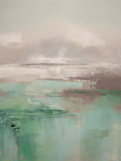 Heidi Kuntz HK405 - HK405 - Rising Sun   - 12x16 green abstract landscape, mint tones, pastel scenery, serene abstract painting, modern decor, textured design from Penny Lane