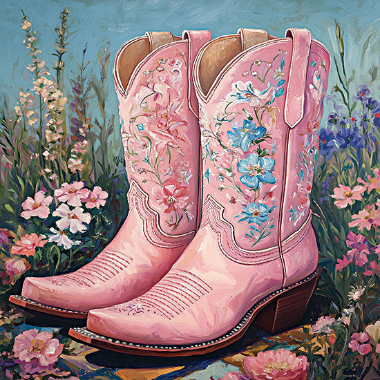 Heidi Kuntz HK418 - HK418 - Wildflower Pink Boots    - 12x12 pink cowboy boots, floral embroidery, wildflowers, feminine western wear, cowgirl style, rustic fashion from Penny Lane