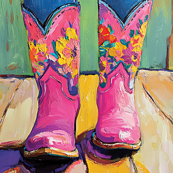 Heidi Kuntz HK429 - HK429 - Boot Scootin'    - 12x12 pink cowboy boots, floral pattern, wooden floor, green wall, vibrant colors, folk style, western footwear from Penny Lane