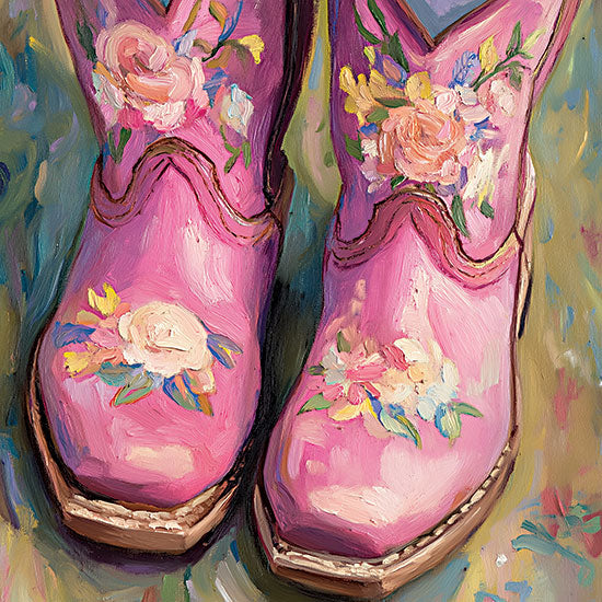 Heidi Kuntz HK430 - HK430 - Boots by the Trail    - 12x12 pink boots, roses, floral embroidery, greenery background, oil painting style, vibrant hues, feminine western style from Penny Lane