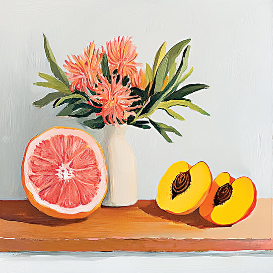Heidi Kuntz HK437 - HK437 - Sweet and Tart   - 12x12 grapefruit, peach, pink flowers, still life, fruit arrangement, oil painting style, white vase from Penny Lane