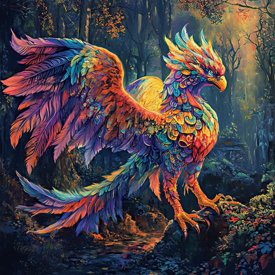 Heidi Kuntz HK452 - HK452 - Mystical Griffin   - 12x12 rainbow phoenix, mythical bird, forest, glowing colors, fantasy setting, detailed feathers from Penny Lane