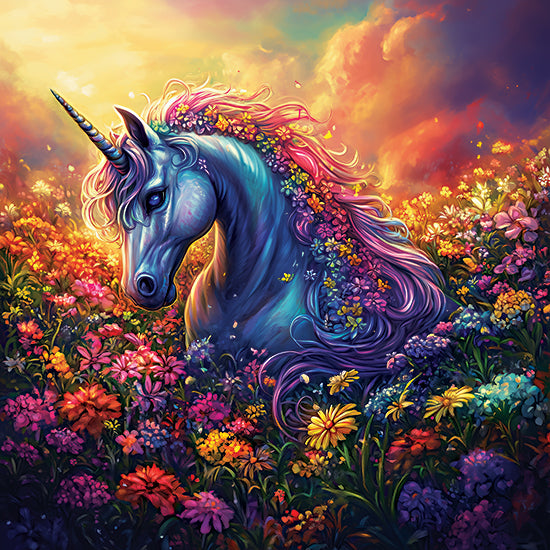 Heidi Kuntz HK453 - HK453 - Mystical Unicorn   - 12x12 blue unicorn, floral mane, sunset sky, fantasy art, magical field of flowers, dreamy lighting from Penny Lane
