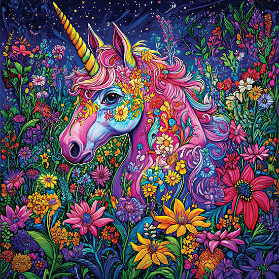 Heidi Kuntz HK454 - HK454 - Hidden Unicorn   - 12x12 unicorn portrait, floral explosion, starry sky, nighttime garden, magical realism, vivid colors from Penny Lane