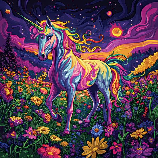 Heidi Kuntz HK455 - HK455 - Celestial Meadow   - 12x12 unicorn walking, rainbow mane, wildflower field, magical night, vibrant sky, dreamlike landscape from Penny Lane
