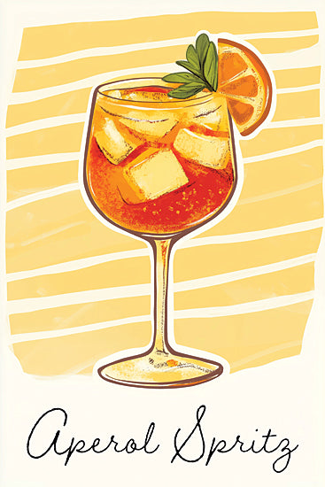 Heidi Kuntz HK497 - HK497 - Aperol Spritz   - 12x18  illustration of aperol spritz, cocktail with ice and orange slice, yellow striped background, vintage drink poster, hand drawn typography, summer beverage art from Penny Lane