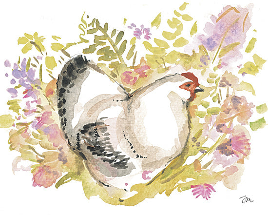 Jessica Mingo JM634 - JM634 - Beatrice the Brahma Chicken - 16x12 watercolor chicken illustration, surrounded by flowers, country farm theme, soft brush strokes, peaceful animal portrait, floral background, rustic charm from Penny Lane