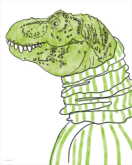 Kamdon Kreations KAM1090 - KAM1090 - Live and Let Roar - 12x16 t-rex illustration, green dinosaur, striped scarf, humorous art, cartoon dinosaur, fun prehistoric character from Penny Lane