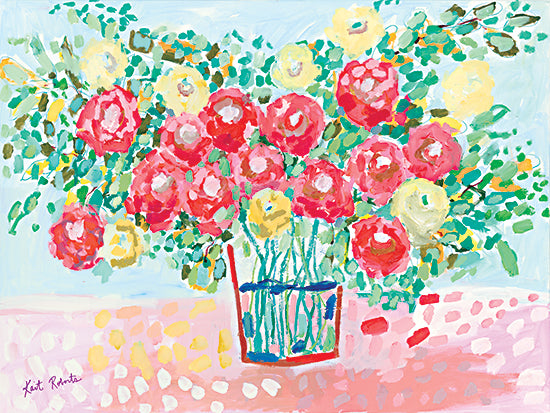 Kait Roberts KR710 - KR710 - Blooms From the Garden    - 16x12 roses bouquet, yellow and red flowers, blue background, green leaves, polka dot table, colorful painting, painterly style from Penny Lane