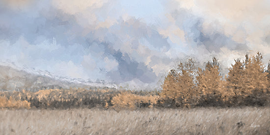 Lori Deiter LD3375 - LD3375 - Autumn Field - 18x9 landscape, trees in autumn, moody sky, open field, pastel tones, peaceful scene, nature view, scenic meadow, mountain background, painterly clouds from Penny Lane