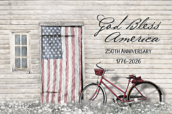 Lori Deiter LD4003 - LD4003 - God Bless America 1776-2026 - 18x12 American flag, barn door, vintage bicycle, rustic, patriotic decor, 250th anniversary, stars and stripes, countryside, retro from Penny Lane