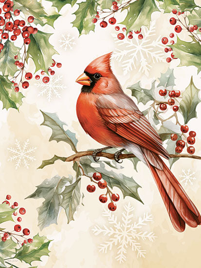 Nicole DeCamp ND755 - ND755 - Christmas Cardinal   - 12x16 cardinal bird, red bird, holly leaves, red berries, snowflakes, winter branch, watercolor bird illustration, Christmas decoration, nature-themed art, holiday card from Penny Lane