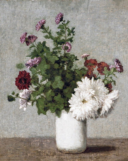 Stellar Design Studio SDS1553 - SDS1553 - Autumn Chrysanthemums   - 12x16 chrysanthemums, simple white vase, rustic floral arrangement, red and white blooms, earthy colors, minimal background from Penny Lane
