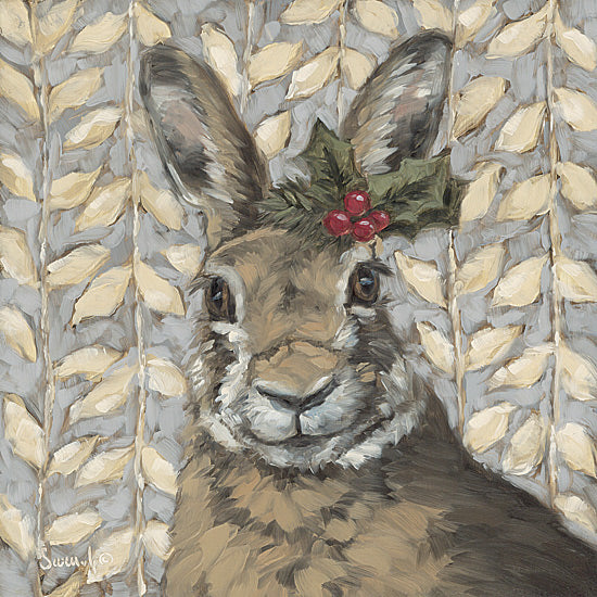 Sara G. Designs SGD334 - SGD334 - Holly Jolly Rabbit - 12x12 Rabbit with holly crown, cozy winter pattern backdrop, soft brushstrokes, seasonal art piece from Penny Lane