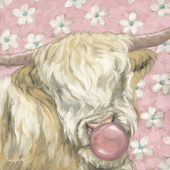Sara G. Designs SGD367 - SGD367 - Bubblegum Cutie    - 12x12 highland cow, pink bubble gum, white flowers, humorous animal art, whimsical decor, pink floral background from Penny Lane