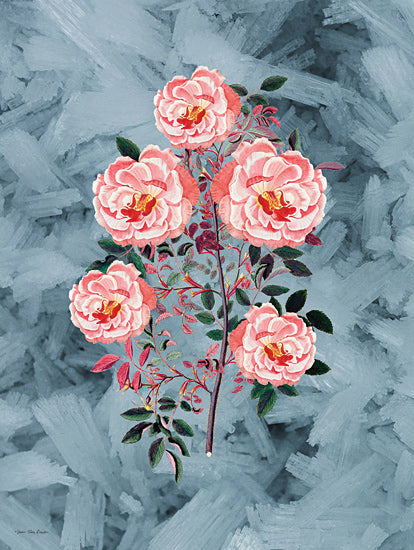 Seven Trees Design ST1123 - ST1123 - Velvet Petals - 12x16 floral cluster, pink roses, blue crystal background, detailed petals, romantic bouquet, vintage botanical, garden aesthetic, contrasting textures, embroidered style from Penny Lane