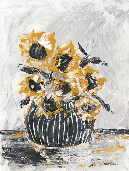 Amanda Hilburn AH148 - AH148 - Sunflowers and Stripes II - 12x16 Abstract, Flowers, Sunflowers, Fall, Fall Flower, Black & White Striped Vase from Penny Lane