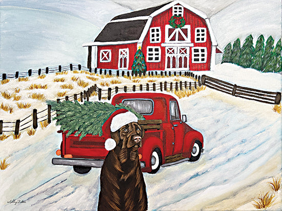 Ashley Justice AJ177 - AJ177 - Farm Dog at Christmas - 16x12 Christmas, Holidays, Farm, Barn, Red Barn, Christmas Tree Farm, Christmas Tree, Dog, Winter, Snow, Road from Penny Lane