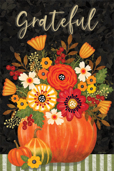 Annie LaPoint ALP2603 - ALP2603 - Grateful Floral Bouquet - 12x18 Fall, Still Life, Pumpkins, Gourds, Flowers, Inspirational, Grateful, Typography, Signs, Textual Art, Dark Background from Penny Lane