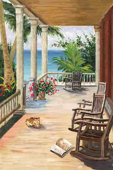 Cloverfield & Co. CC252 - CC252 - Perfect Porch - 12x18 Coastal, Porch, Front Porch, Rocking Chairs, Book Cat, Palm Trees, Flowers, Red Flowers, Ocean, Leisure from Penny Lane