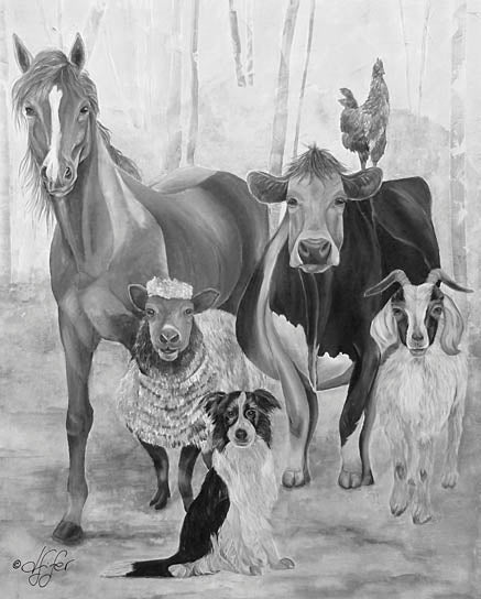 Diane Fifer DF115 - DF115 - The Gang - 12x16 Animals, Farm Animals, Horse, Sheep, Cow, Goat, Dog, Rooster, Drawing Print, Sketch, Black & White from Penny Lane