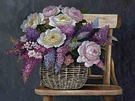 Dogwood Portfolio DOG286 - DOG286 - Basket of Blooms - 16x12 Still Life, Flowers, Pink Flowers, Purple Flowers, Basket, Chair, Dark Background from Penny Lane