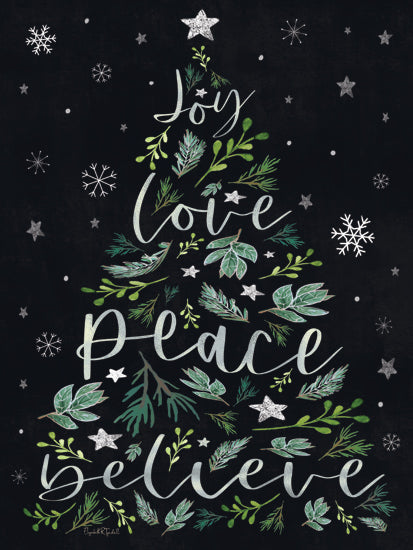 Elizabeth Tyndall ET303 - ET303 - Joy Christmas Trees - 12x16 Christmas, Holidays, Christmas Tree, Greenery, Joy Love Peace Believe, Typography, Signs, Textual Art, Winter, Snowflakes, Black Background from Penny Lane